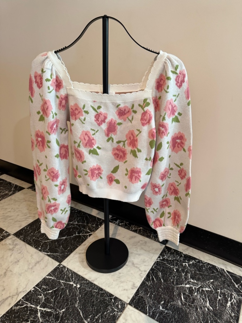 Willow & Wind Floral Puff Sleeve Crop Top Cottagecore Coquette Rose Knit Small